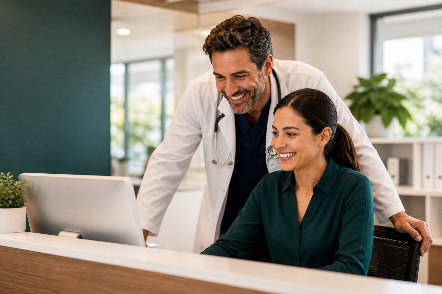 Doctor and receptionist working smoothly at front desk