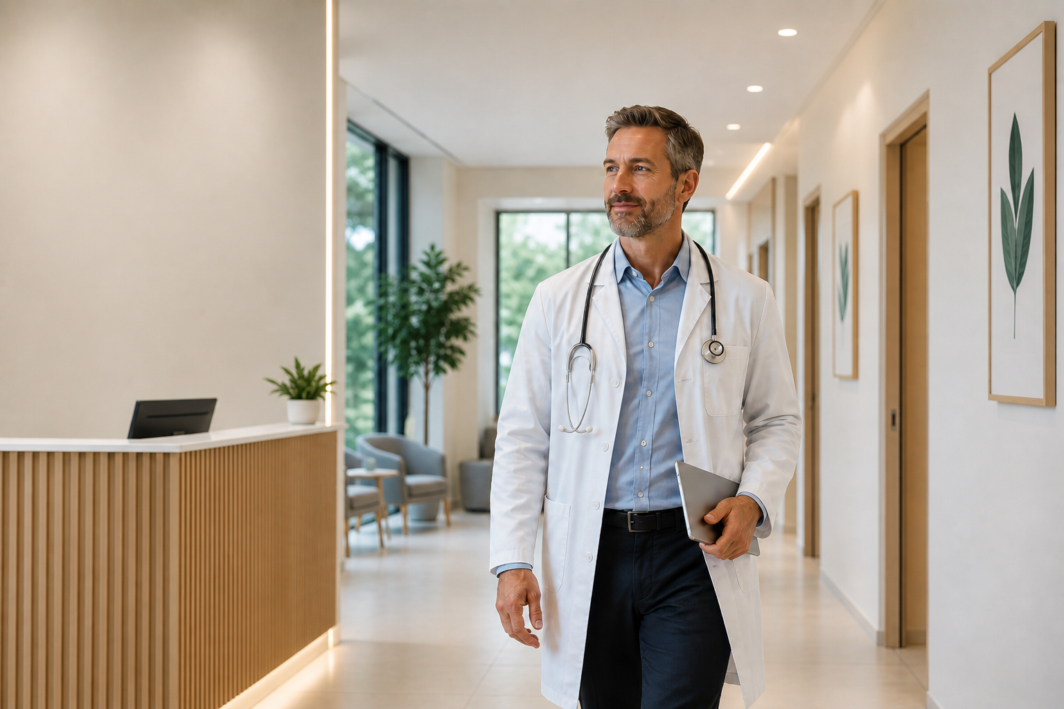Confident doctor walking through a modern medical practice