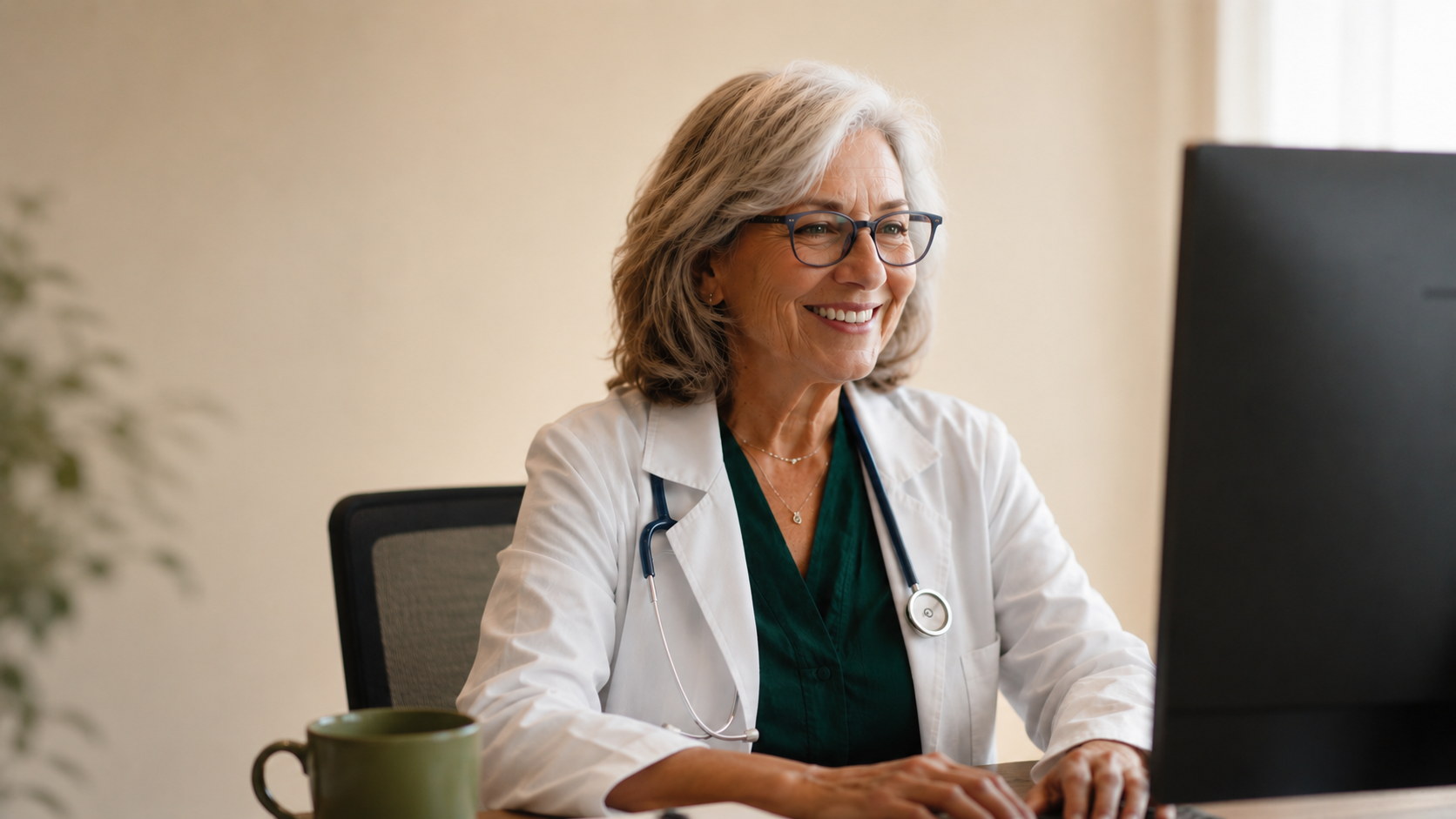 Doctor smiling at her computer screen